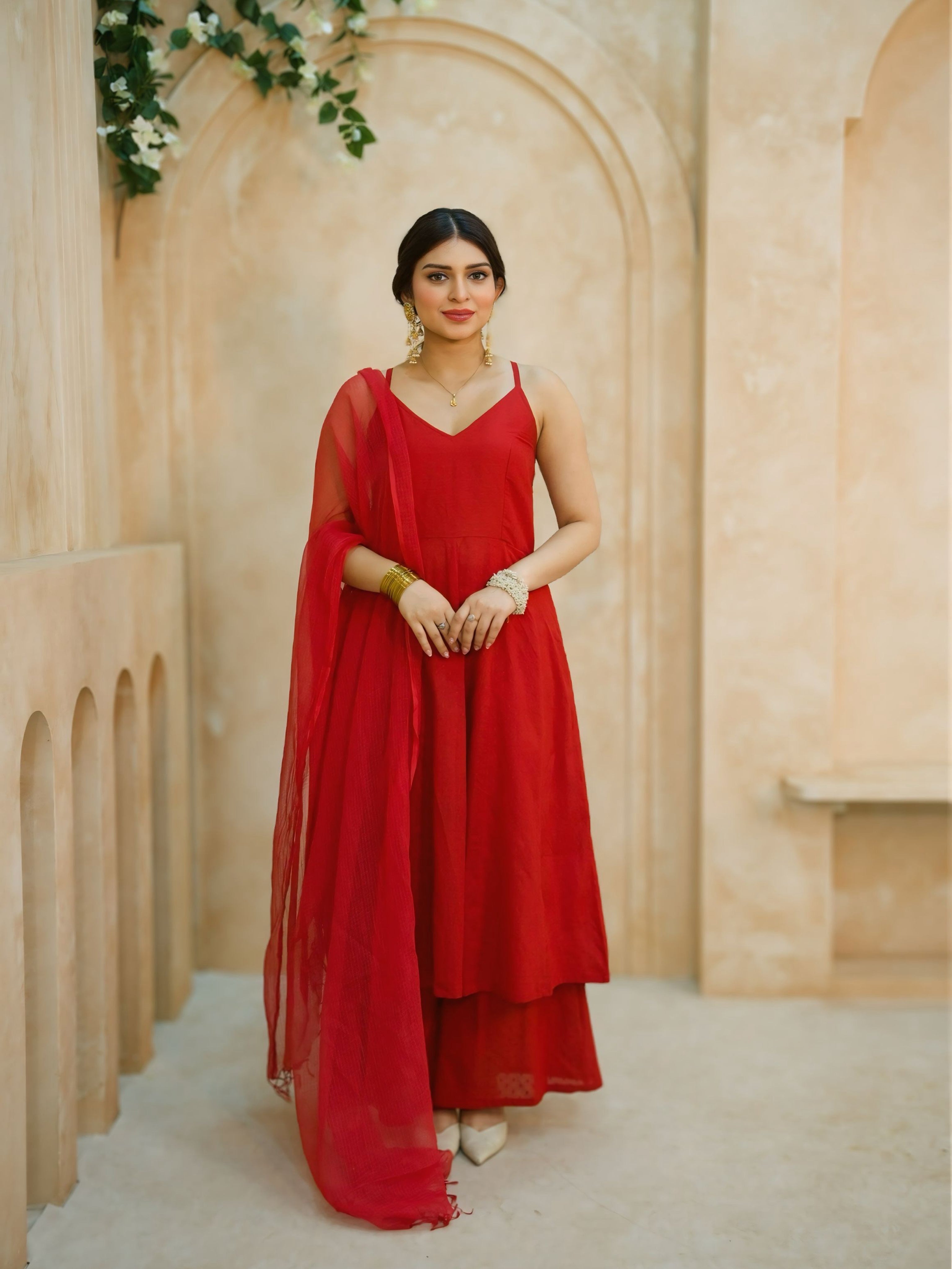 Rangrez | Deep Red Cotton Kurta Set | Backless Design with Pure Kota Doria Dupatta | Festive Ethnic Wear for Women