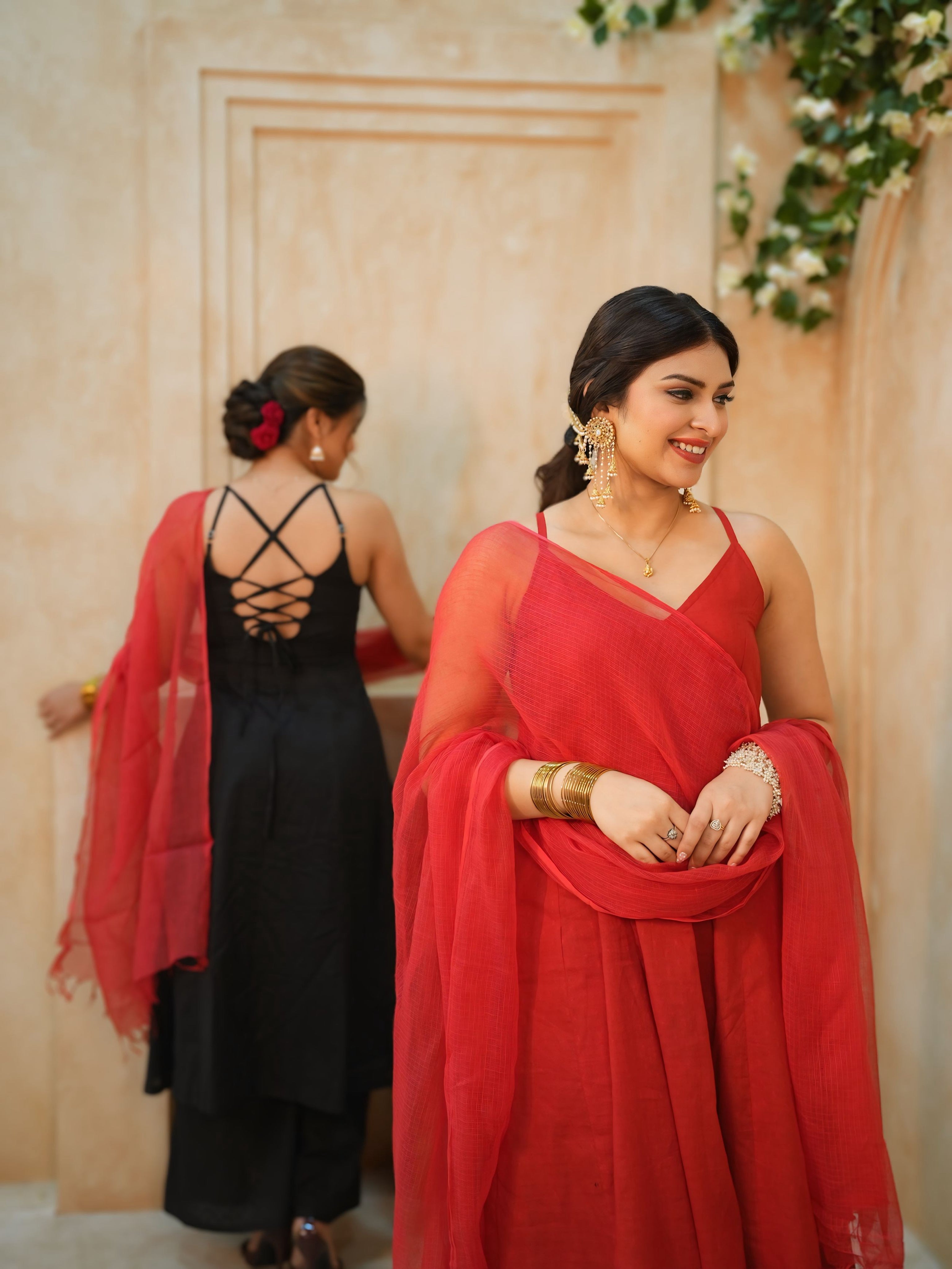 Rangrez | Deep Red Cotton Kurta Set | Backless Design with Pure Kota Doria Dupatta | Festive Ethnic Wear for Women