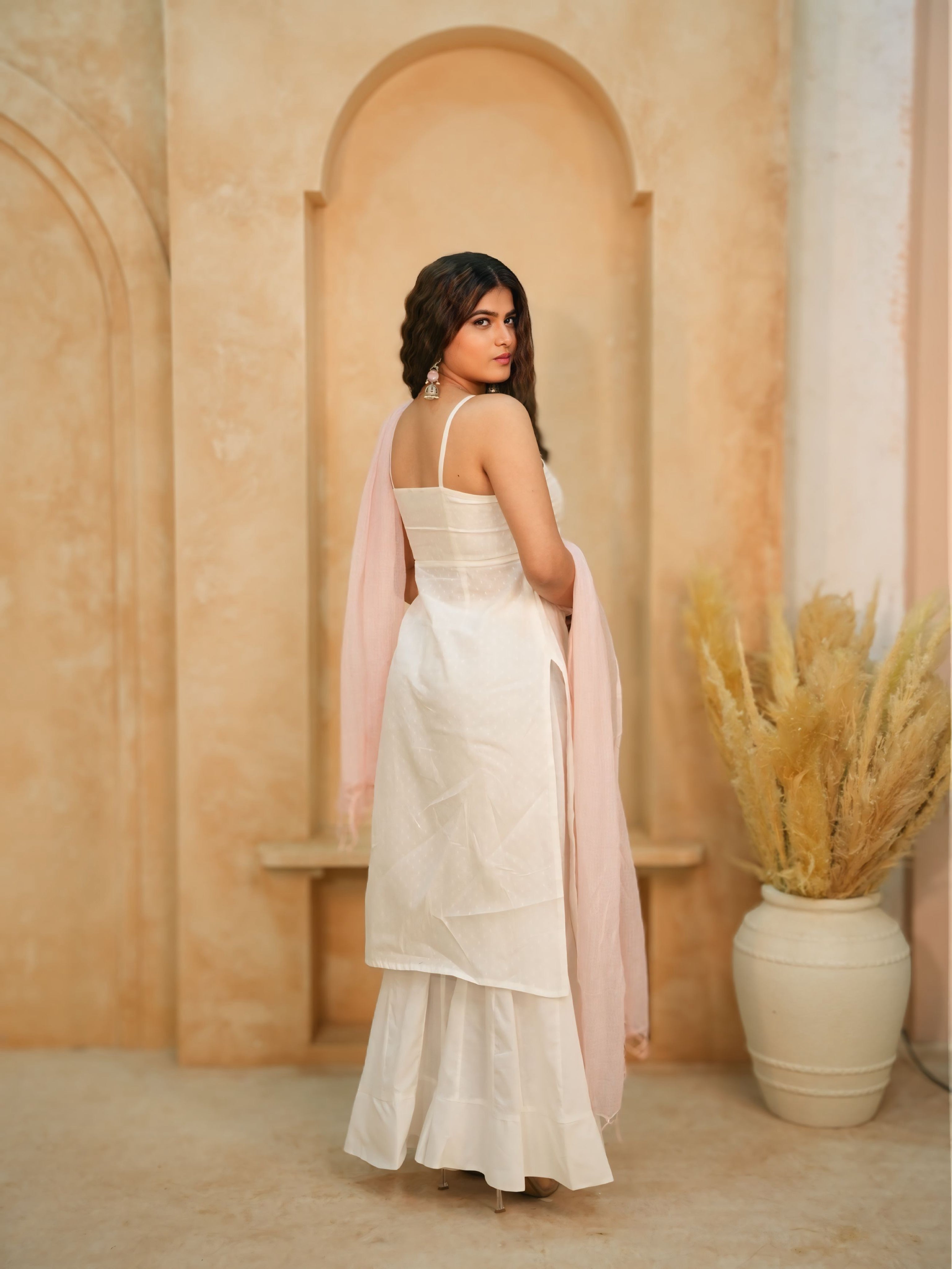 Chandni | White Cotton Kurta Set | Butterfly Neckline with Powder Pink Kota Doria Dupatta | Summer Ethnic Wear for Women