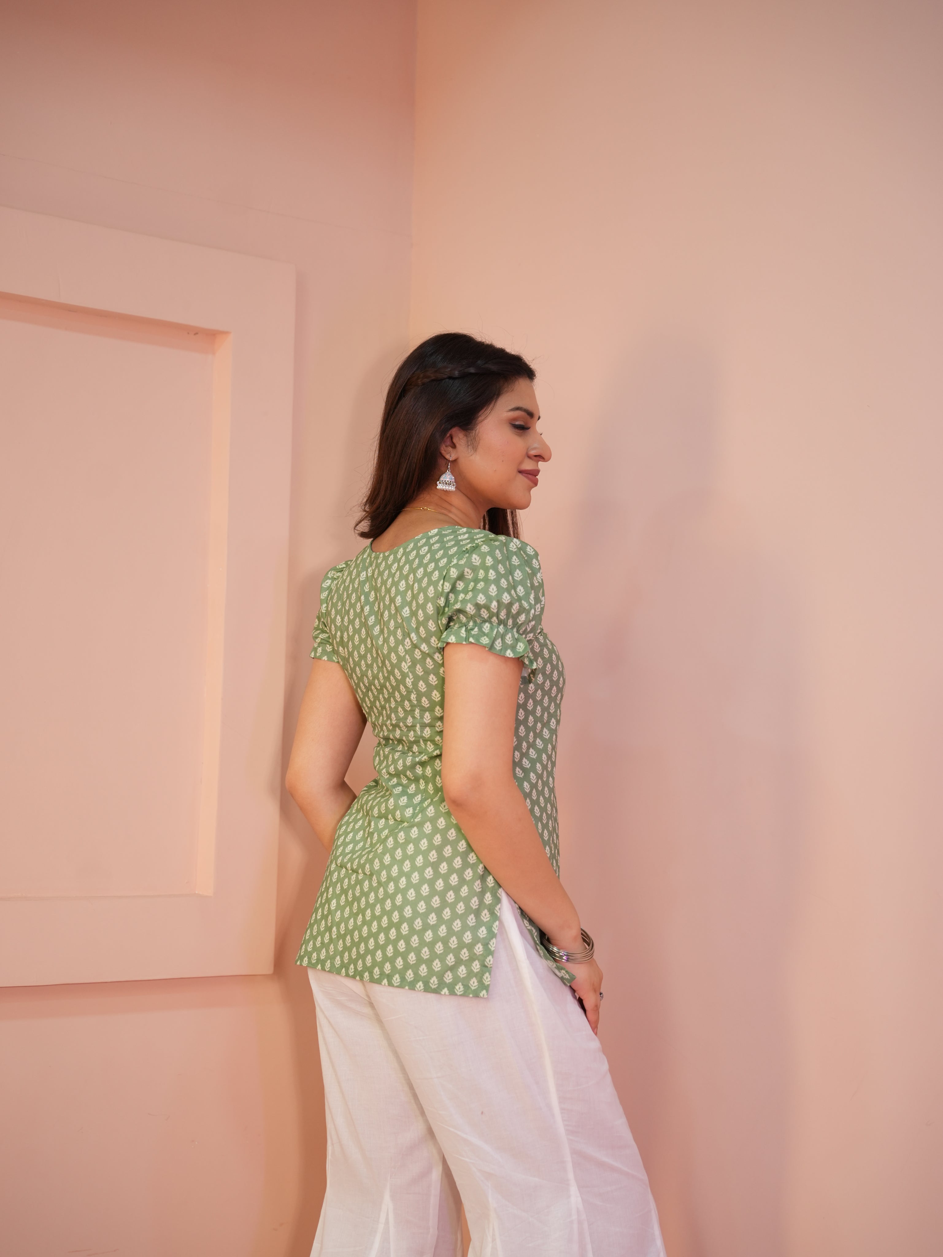Sage Aura | Pure Cotton Kurti | Puff Sleeve Green Kurti with White Motifs | Casual Ethnic Wear for Women