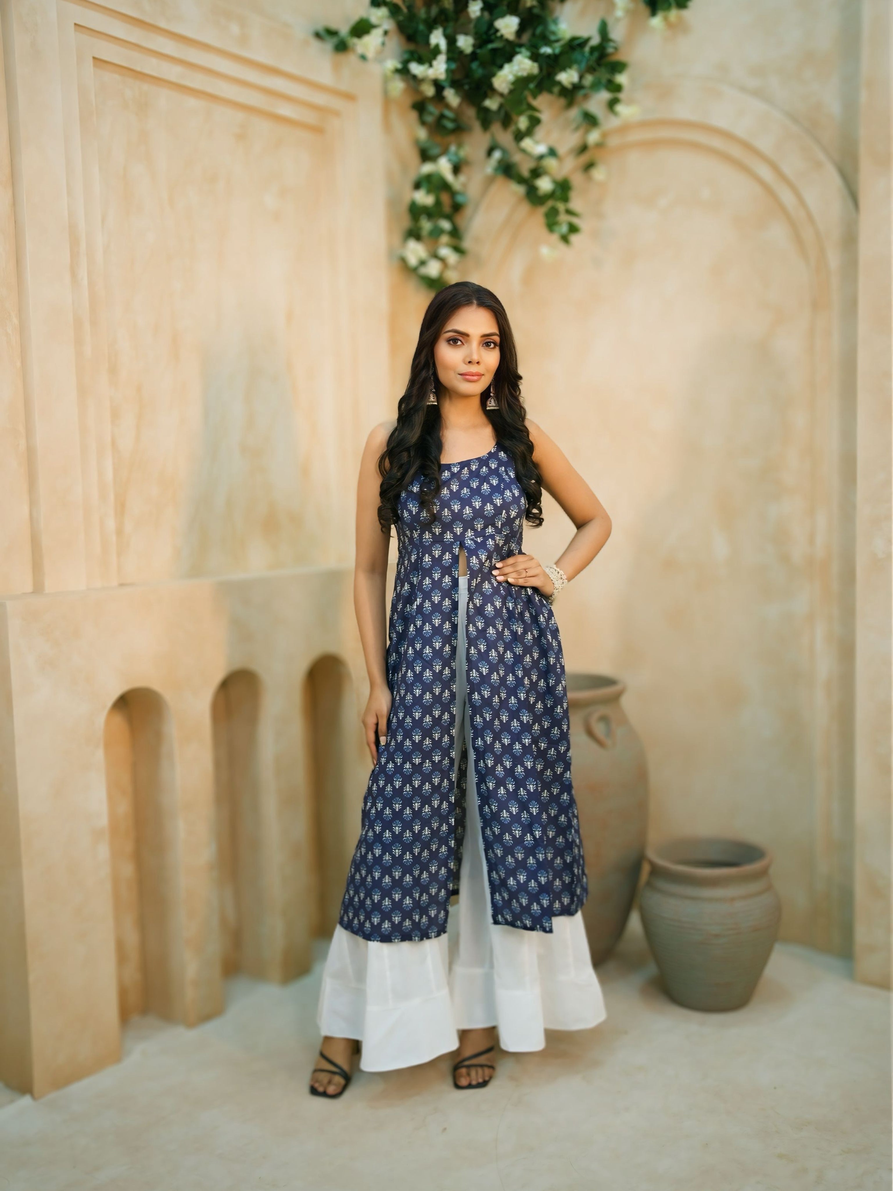 Indigo Breeze | Pure Cotton Tie-Back Kurti | Sleeveless Front-Slit Kurti with Hand-Block Print