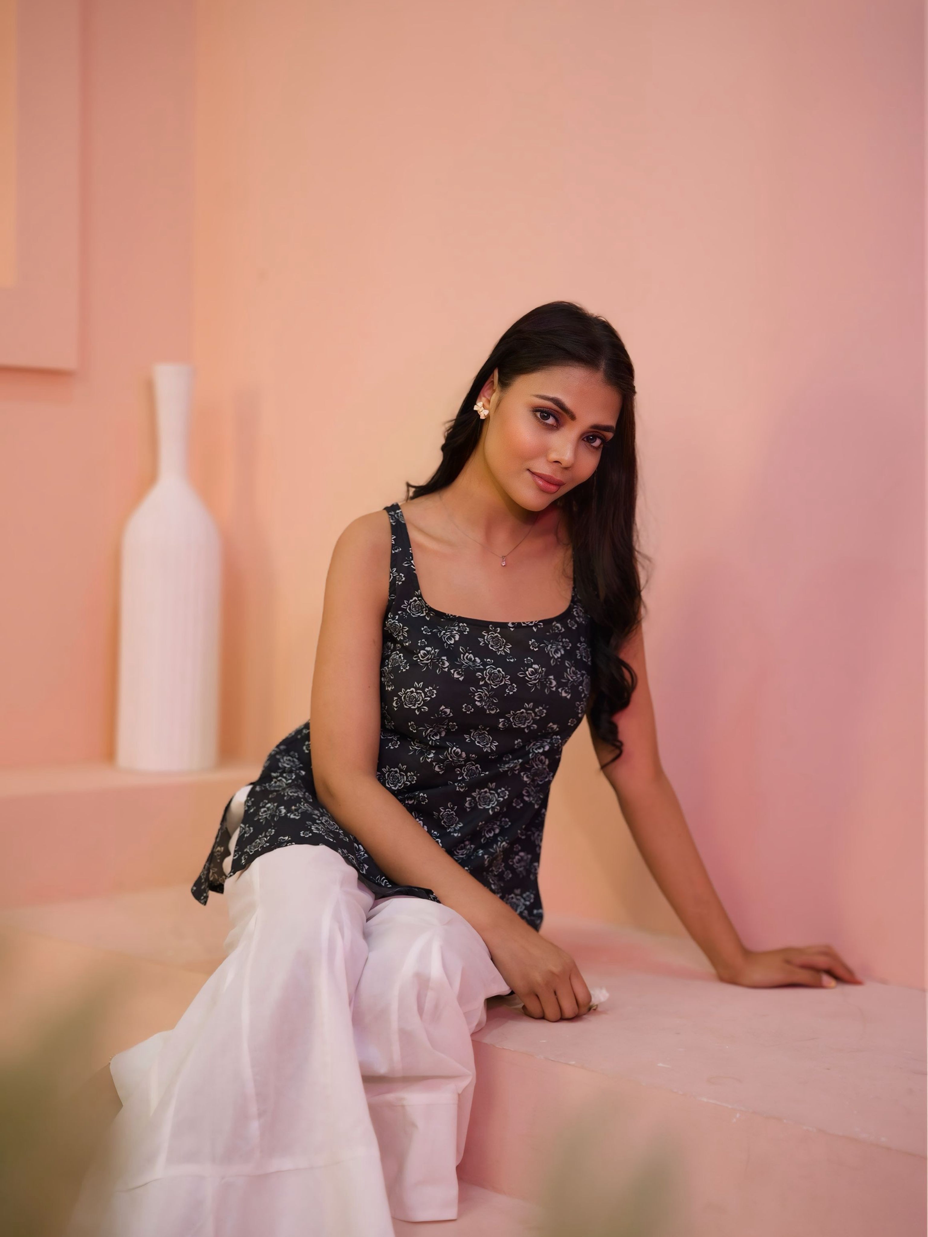 Noir Bloom | Black Cotton Short Kurti | Sleeveless Floral Print Tie-Back Kurti | Modern Casual Ethnic Wear for Women