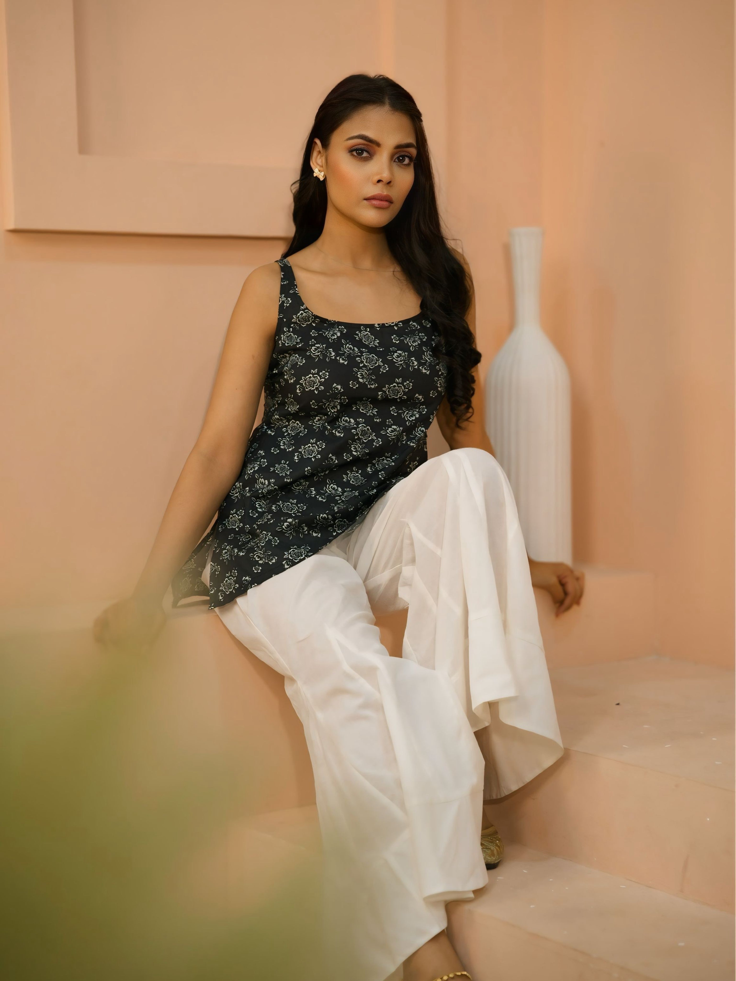 Noir Bloom | Black Cotton Short Kurti | Sleeveless Floral Print Tie-Back Kurti | Modern Casual Ethnic Wear for Women