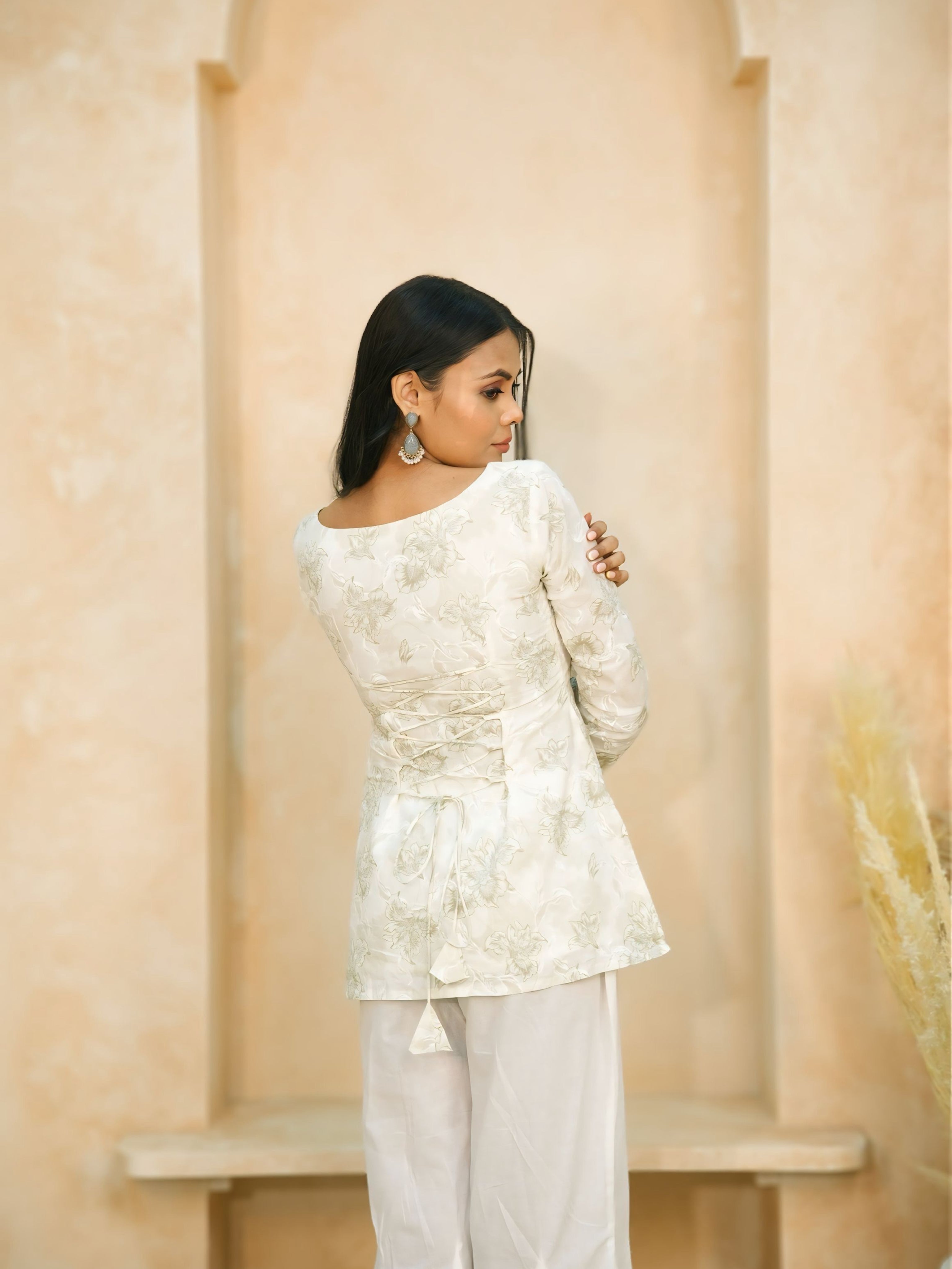 Ivory Grace | Pure Cotton Short Kurti | V-Neck Floral Kurti with Back Cinch Detail | Flared Sleeve Ethnic Wear for Women
