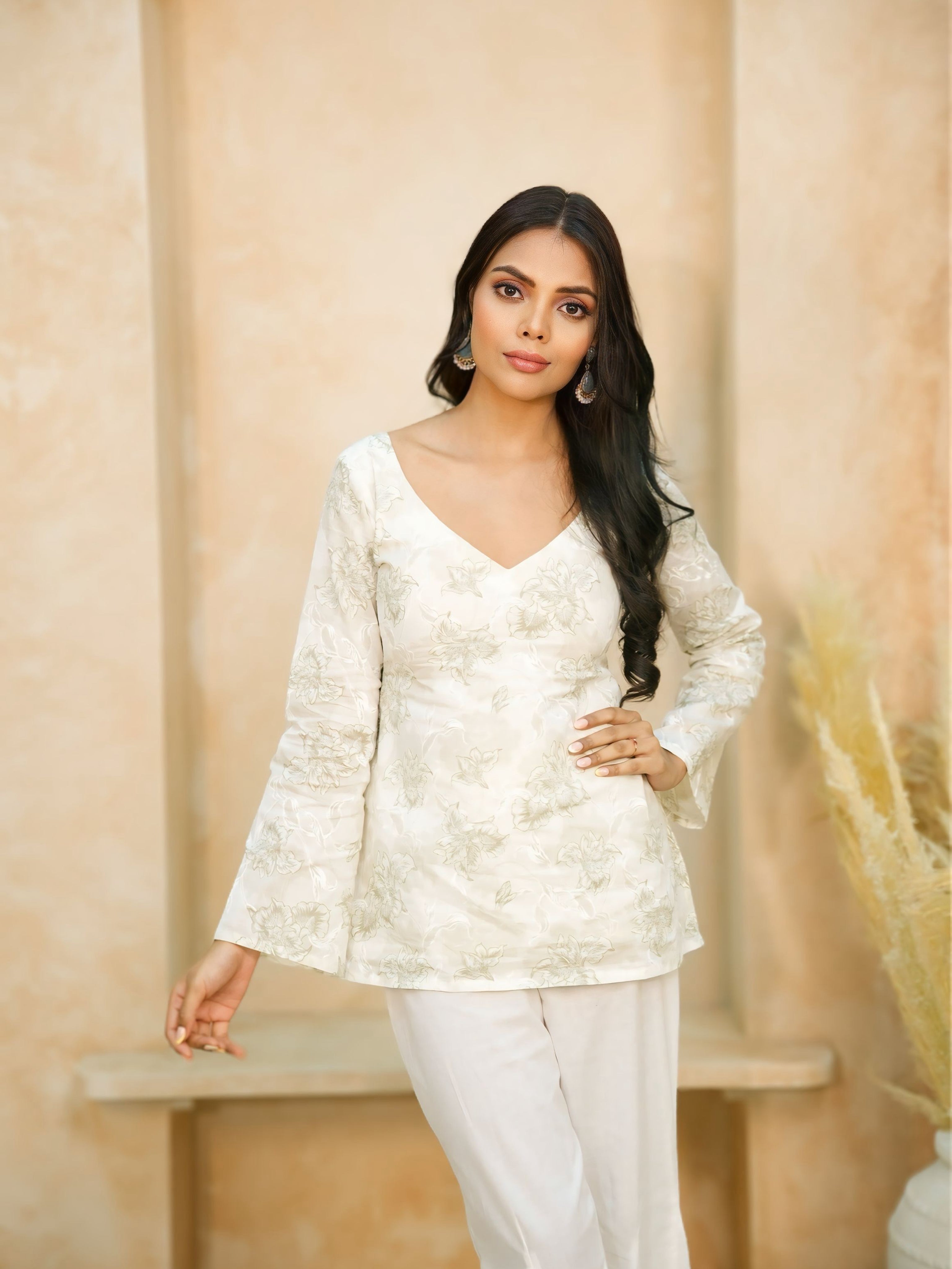 Ivory Grace | Pure Cotton Short Kurti | V-Neck Floral Kurti with Back Cinch Detail | Flared Sleeve Ethnic Wear for Women