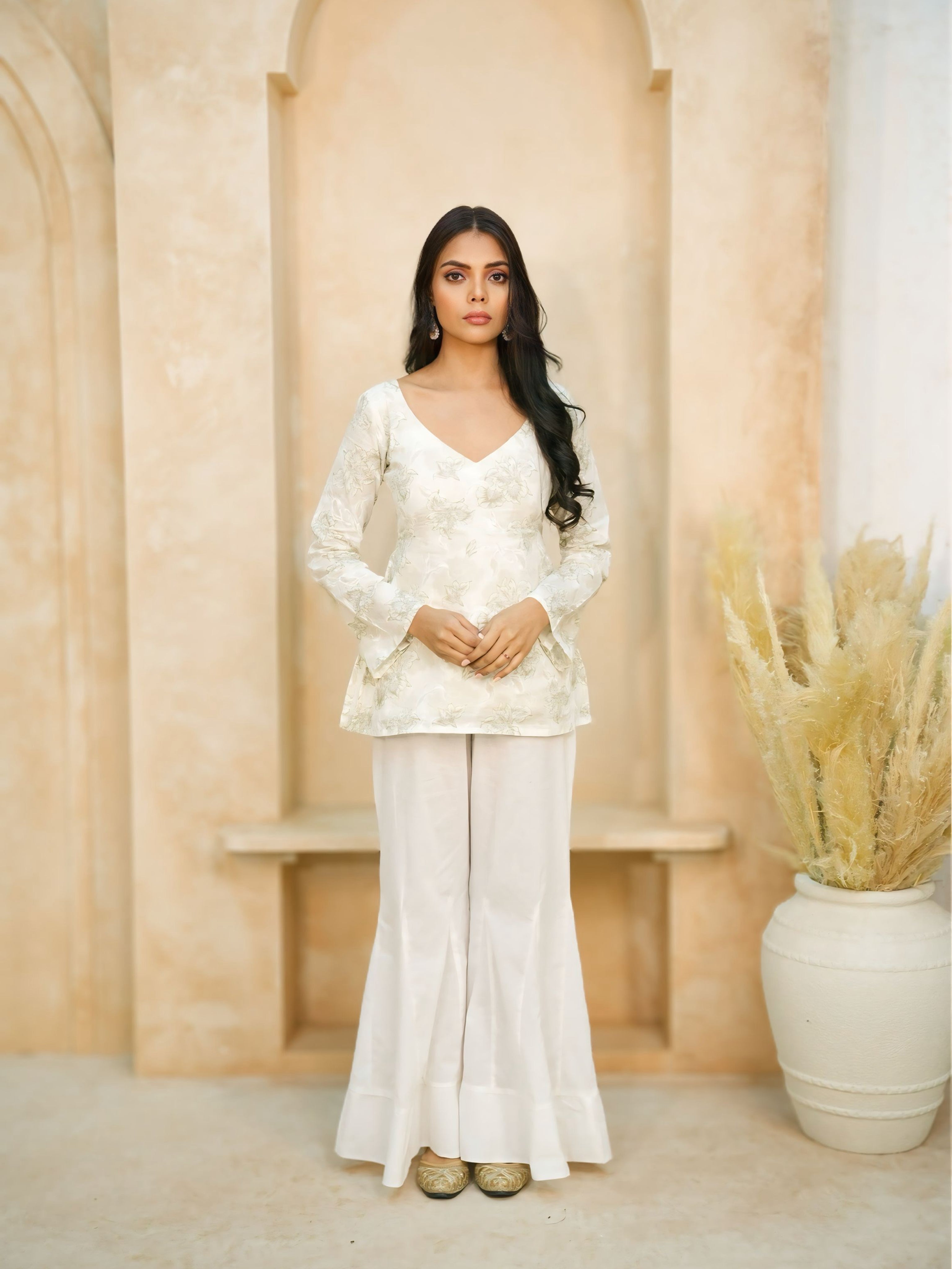 Ivory Grace | Pure Cotton Short Kurti | V-Neck Floral Kurti with Back Cinch Detail | Flared Sleeve Ethnic Wear for Women