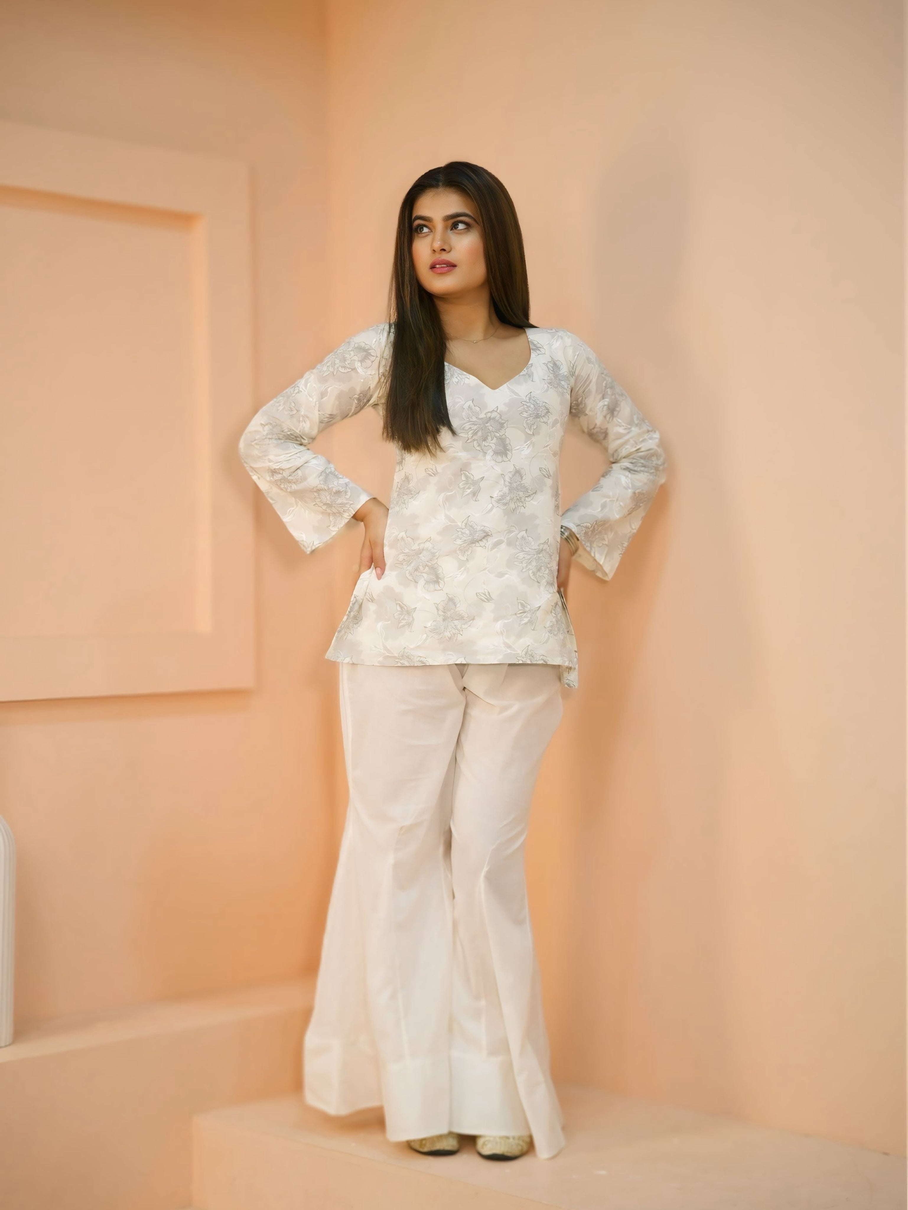 Sky Grace | Pure Cotton Short Kurti | V-Neck Floral Kurti with Back Cinch Detail | Flared Sleeve Ethnic Wear for Women