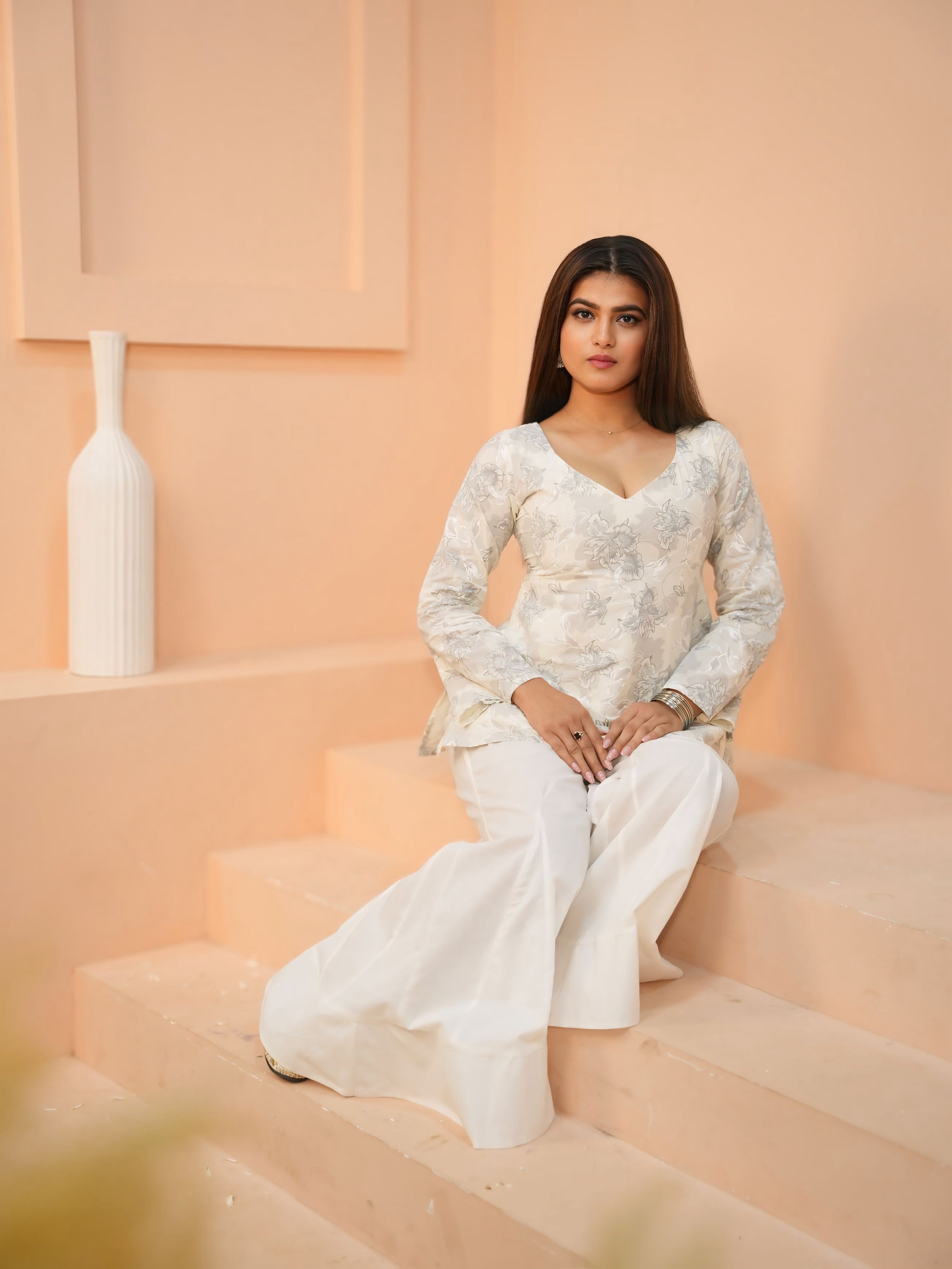 Sky Grace | Pure Cotton Short Kurti | V-Neck Floral Kurti with Back Cinch Detail | Flared Sleeve Ethnic Wear for Women