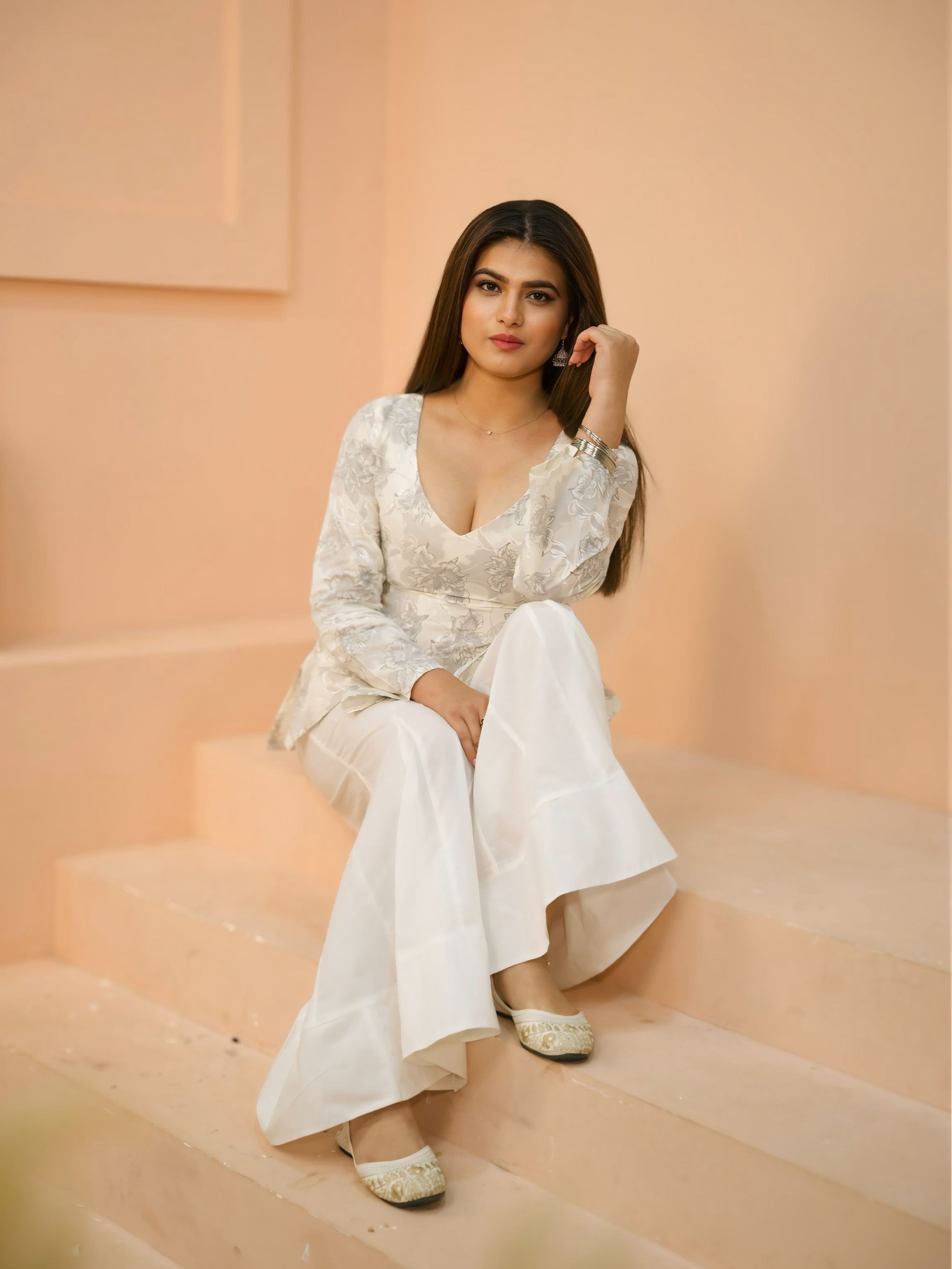 Sky Grace | Pure Cotton Short Kurti | V-Neck Floral Kurti with Back Cinch Detail | Flared Sleeve Ethnic Wear for Women