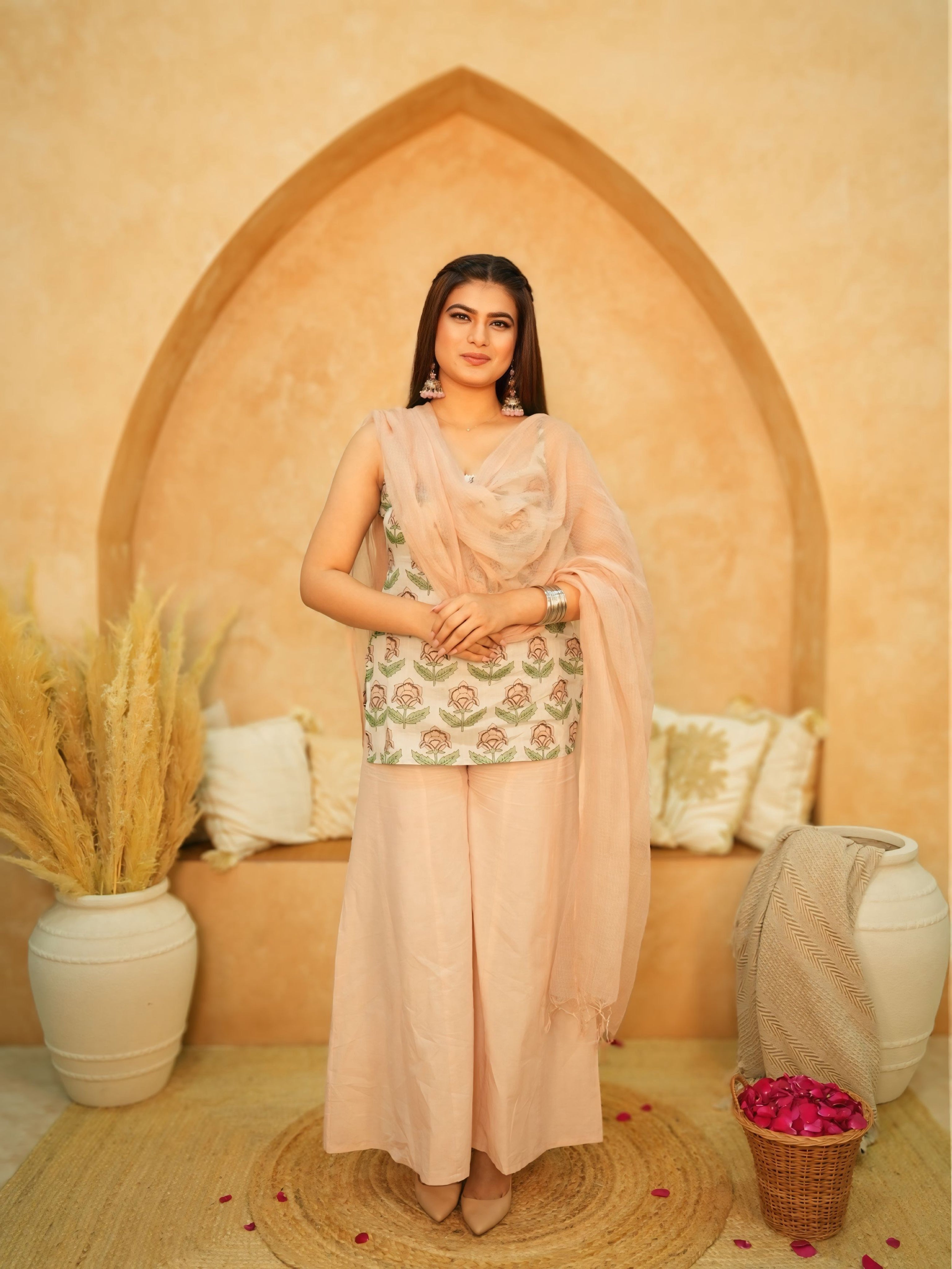 Blush Bloom | Pure Malmal Kurti Palazzo Set | Floral Print Short Kurti with Blush Pink Palazzo & Kota Doria Dupatta | 3-Piece Ethnic Set for Women