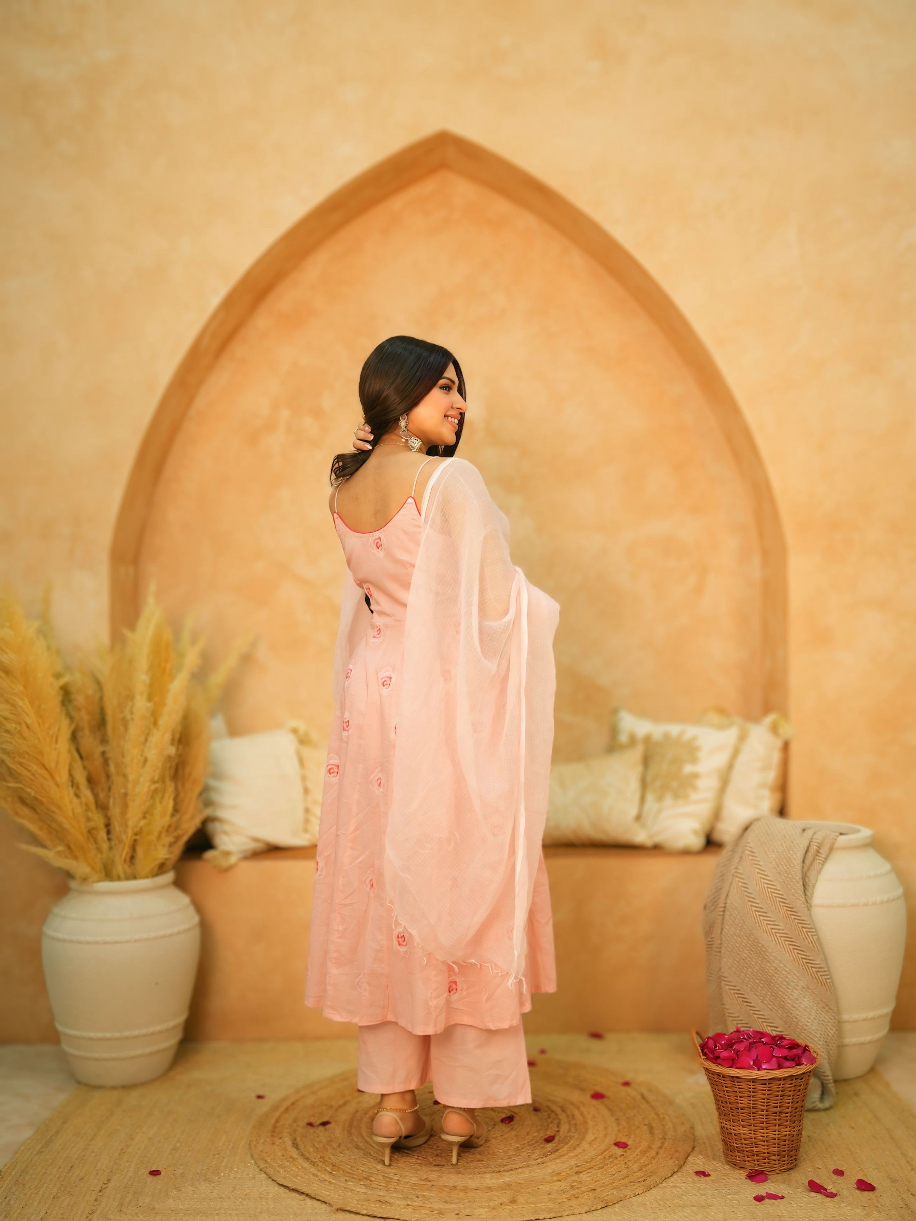 Gulab  3 Piece Kurta set Pure Malmal Kurta Set | Traditional Angarkha Style with Kota Doria Dupatta |