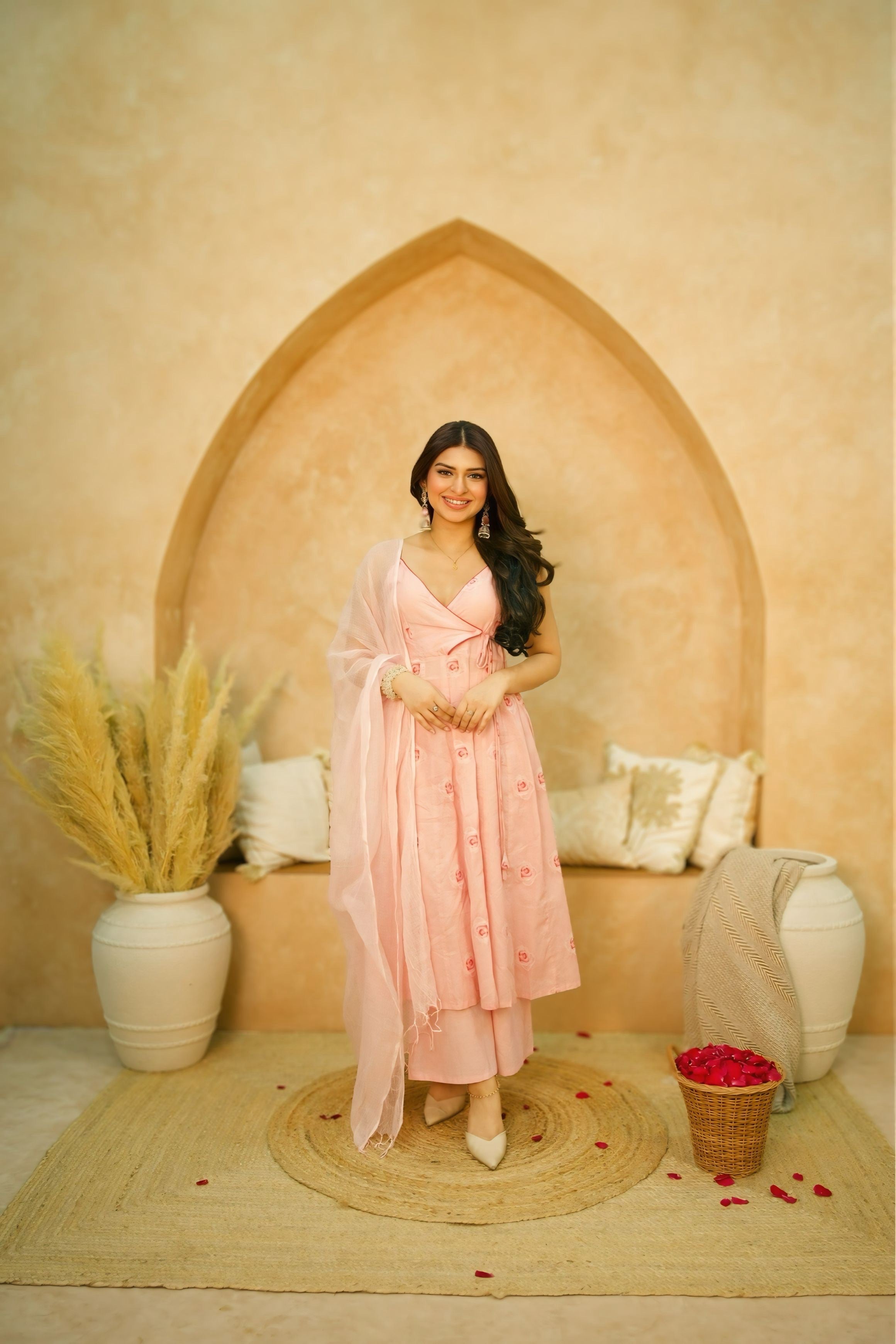 Gulab  3 Piece Kurta set Pure Malmal Kurta Set | Traditional Angarkha Style with Kota Doria Dupatta |