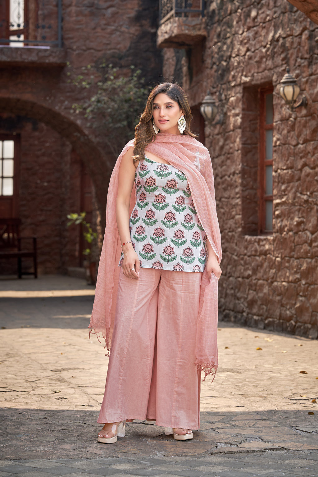 Blush Bloom | Pure Malmal Kurti Palazzo Set