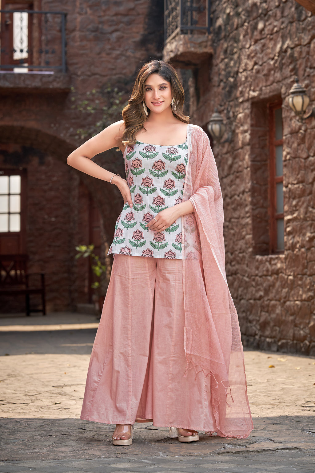 Blush Bloom | Pure Malmal Kurti Palazzo Set