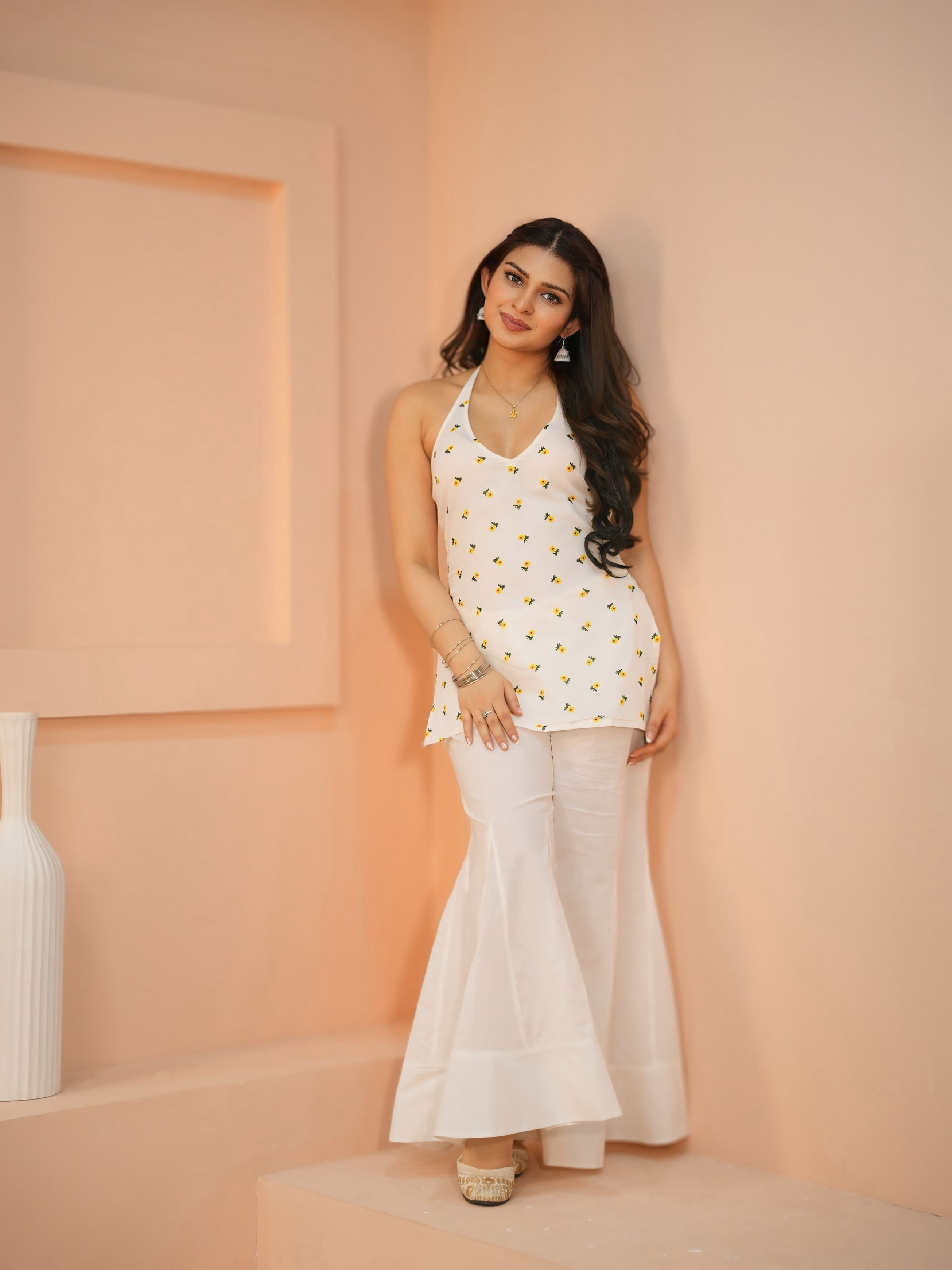 🌻 Sunflower | Halter Neck Kurti | Pure Malmal Cotton Floral Print Short Kurti for Women | Summer Ethnic Top