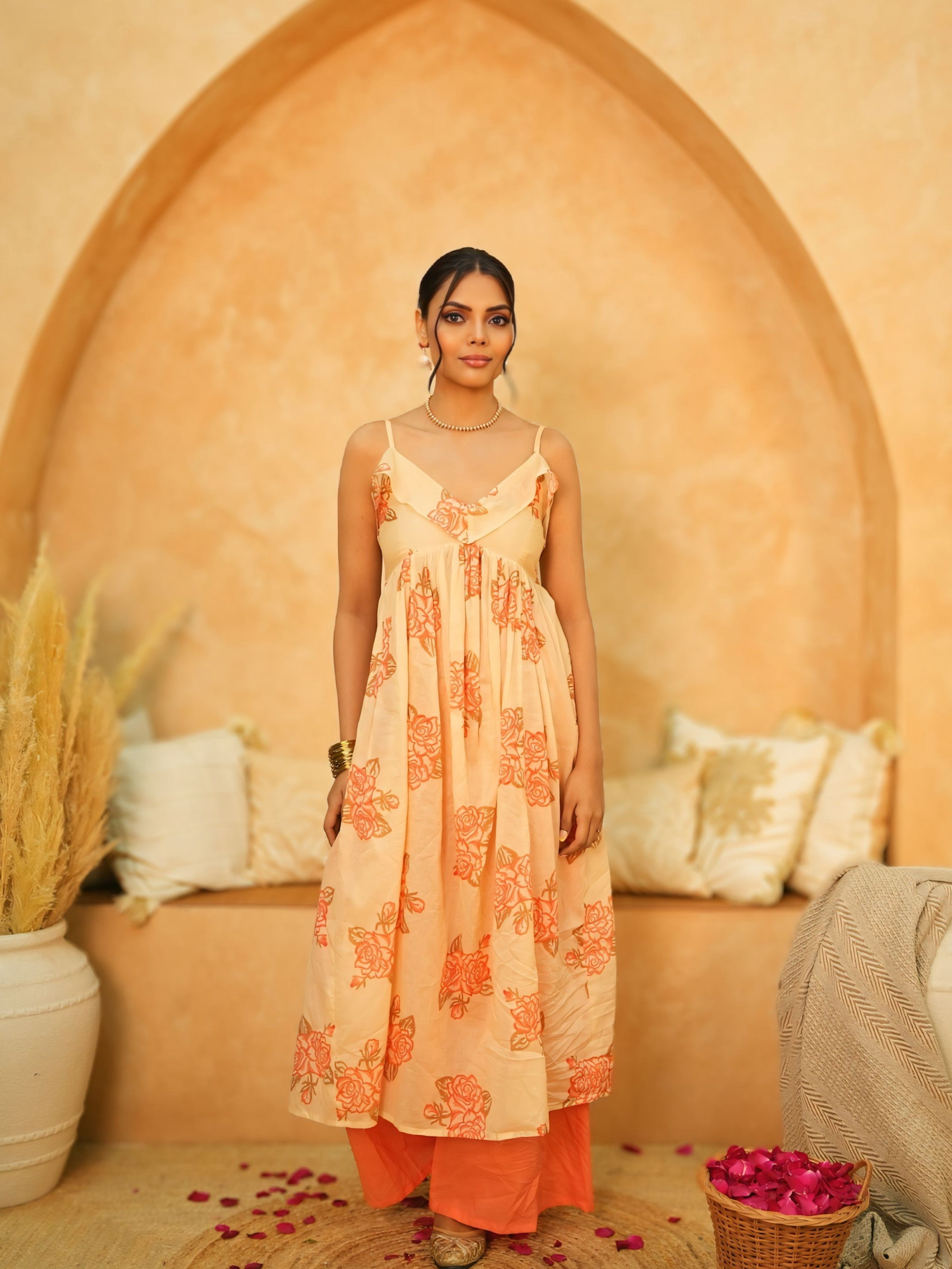 Saanjh Phool | Pure Malmal Kurti Set | Adjustable Strap Floral Co-ord with Coral Pants | Women's Summer Ethnic Wear