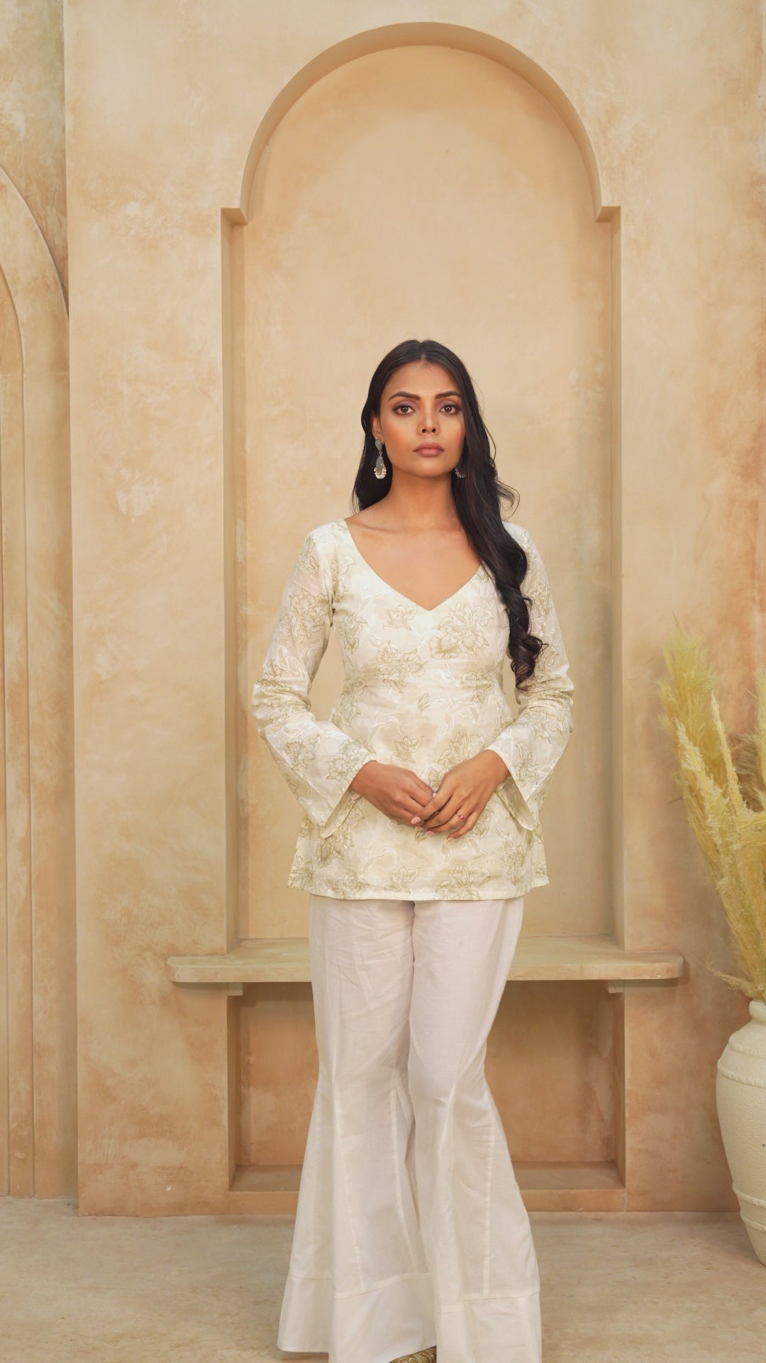 Ivory Grace | Pure Cotton Short Kurti | V-Neck Floral Kurti with Back Cinch Detail | Flared Sleeve Ethnic Wear for Women